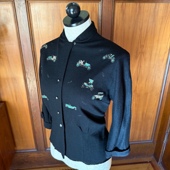 Vintage 50s 1950s Novelty Car Print Blouse Top, Antique Automobiles Rhinestone - Picture 3 of 8